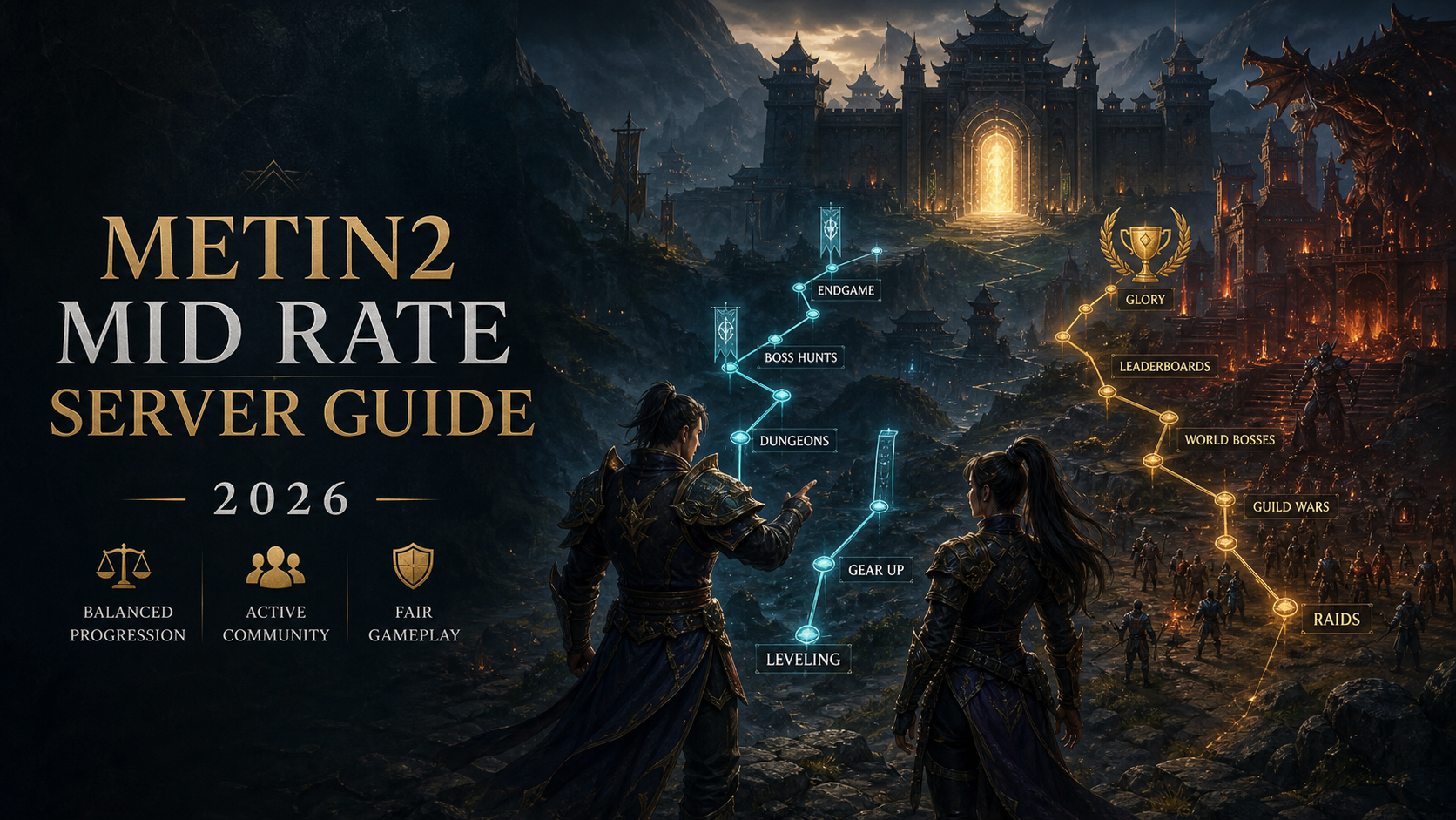 Fantasy MMORPG adventurers comparing balanced Metin2 mid rate server progression paths