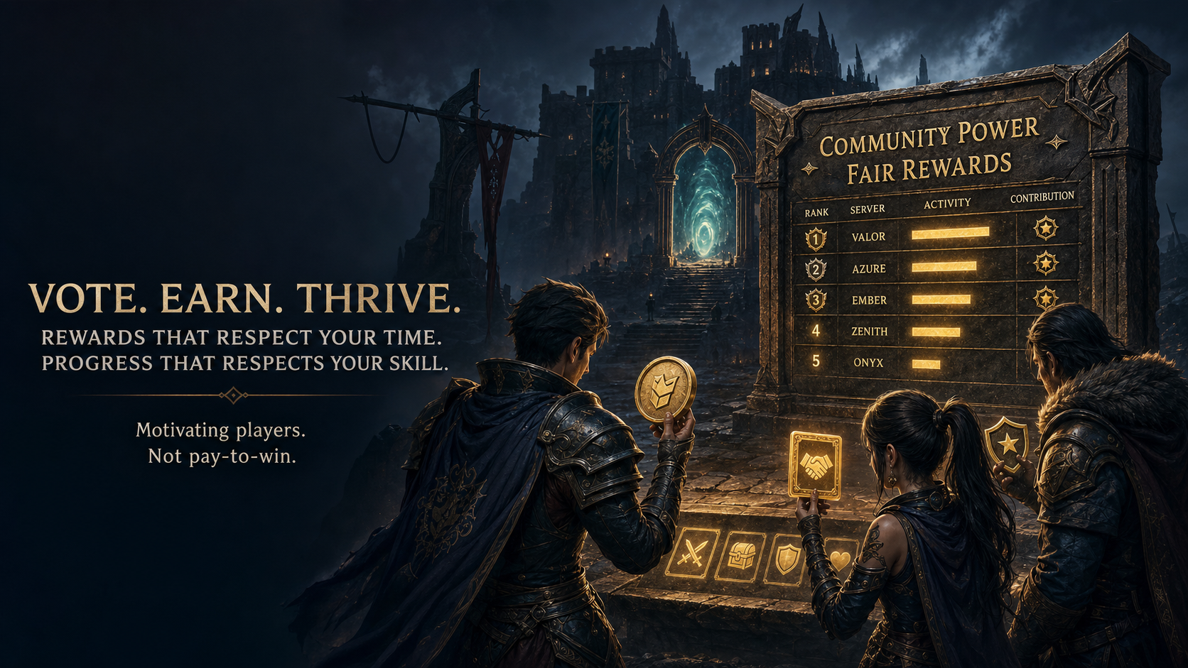 Fantasy MMORPG adventurers reviewing fair server ranking signals and vote rewards