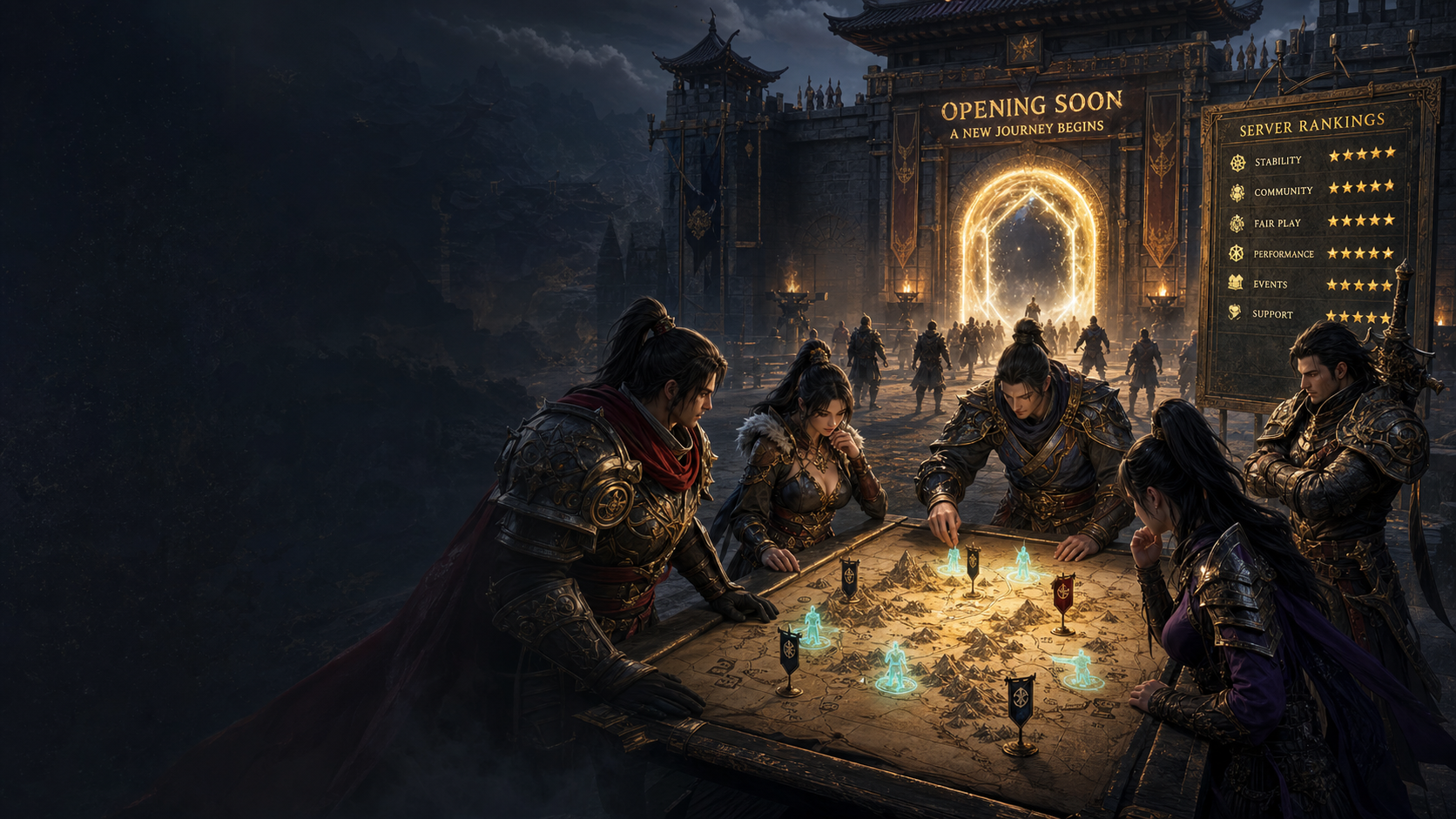 Fantasy MMORPG adventurers comparing new Metin2 server launches before opening day
