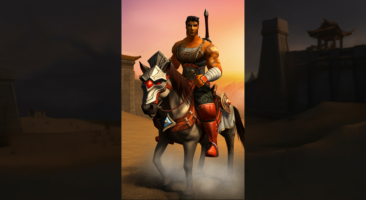Metin2 player riding a horse through the desert farming map at sunset