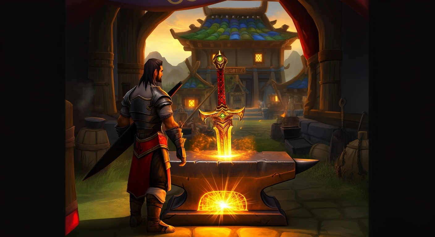 Metin2 warrior upgrading a weapon at the Blacksmith NPC with glowing +9 magical enhancement effects