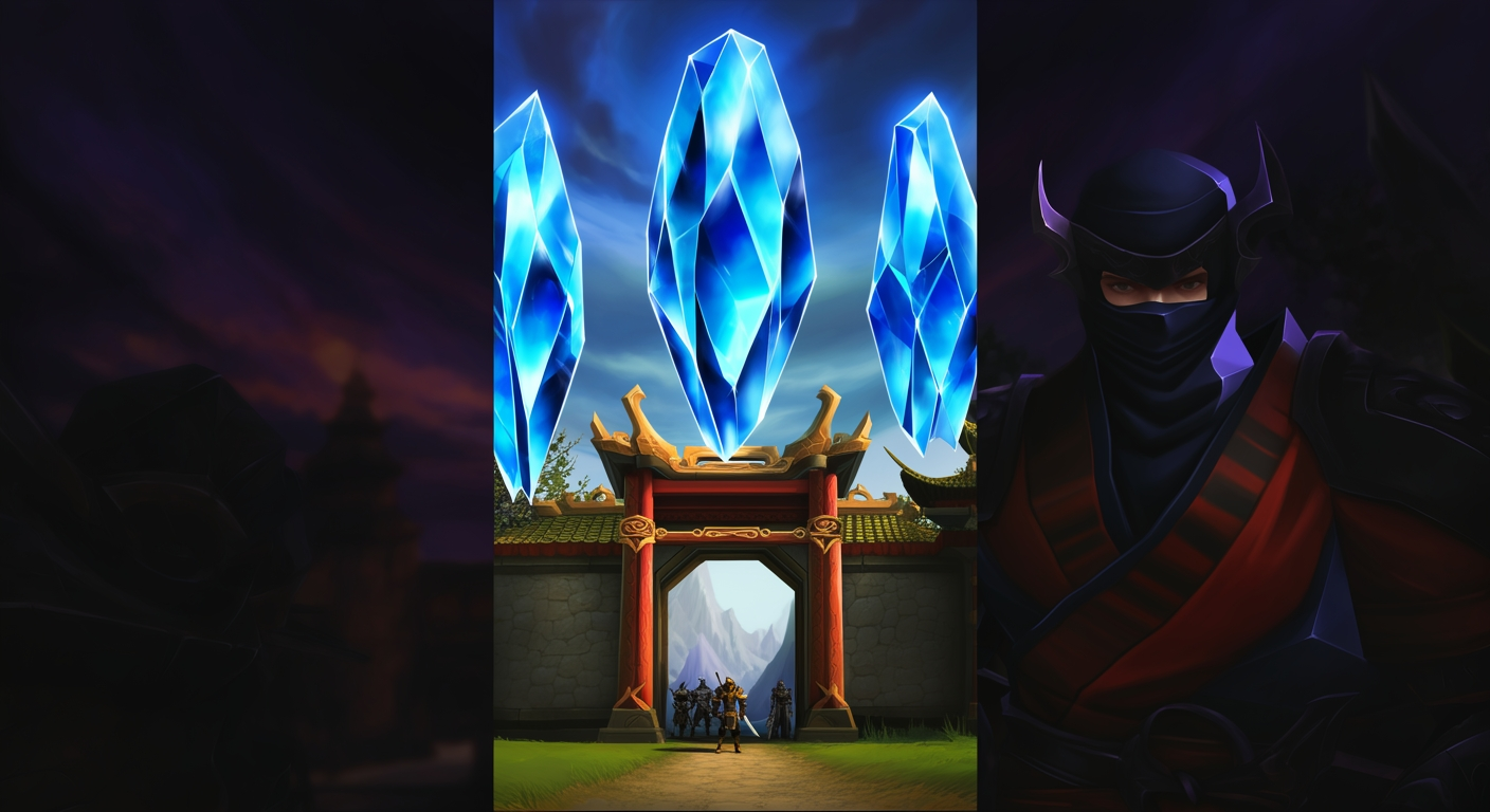 Metin2 Sapphire server entrance with glowing blue crystals and warriors gathering