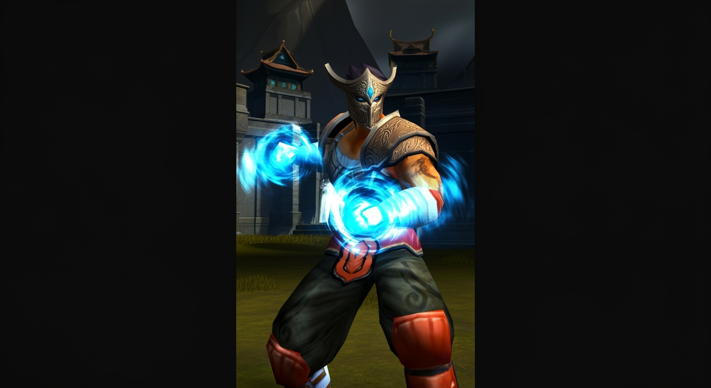 Metin2 warrior channeling Echoes of Power with blue energy effects in a dungeon