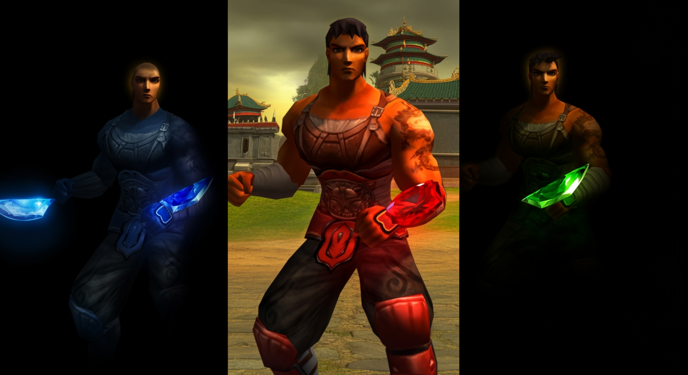 Three Metin2 warriors in sapphire blue, ruby red, and emerald green armor representing different server types