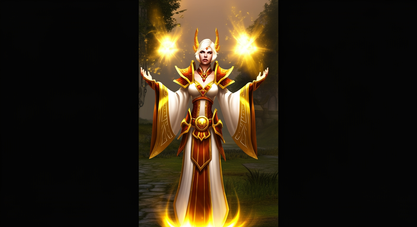Metin2 Dragon Force Shaman casting golden healing magic in white and gold robes in a forest map