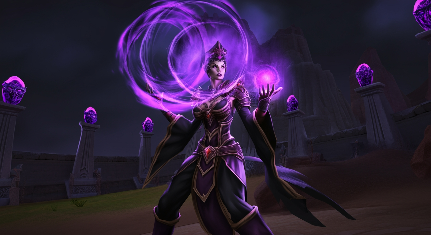 Metin2 Black Magic Shaman casting Dark Orb AoE spell with purple energy in a desert farming map