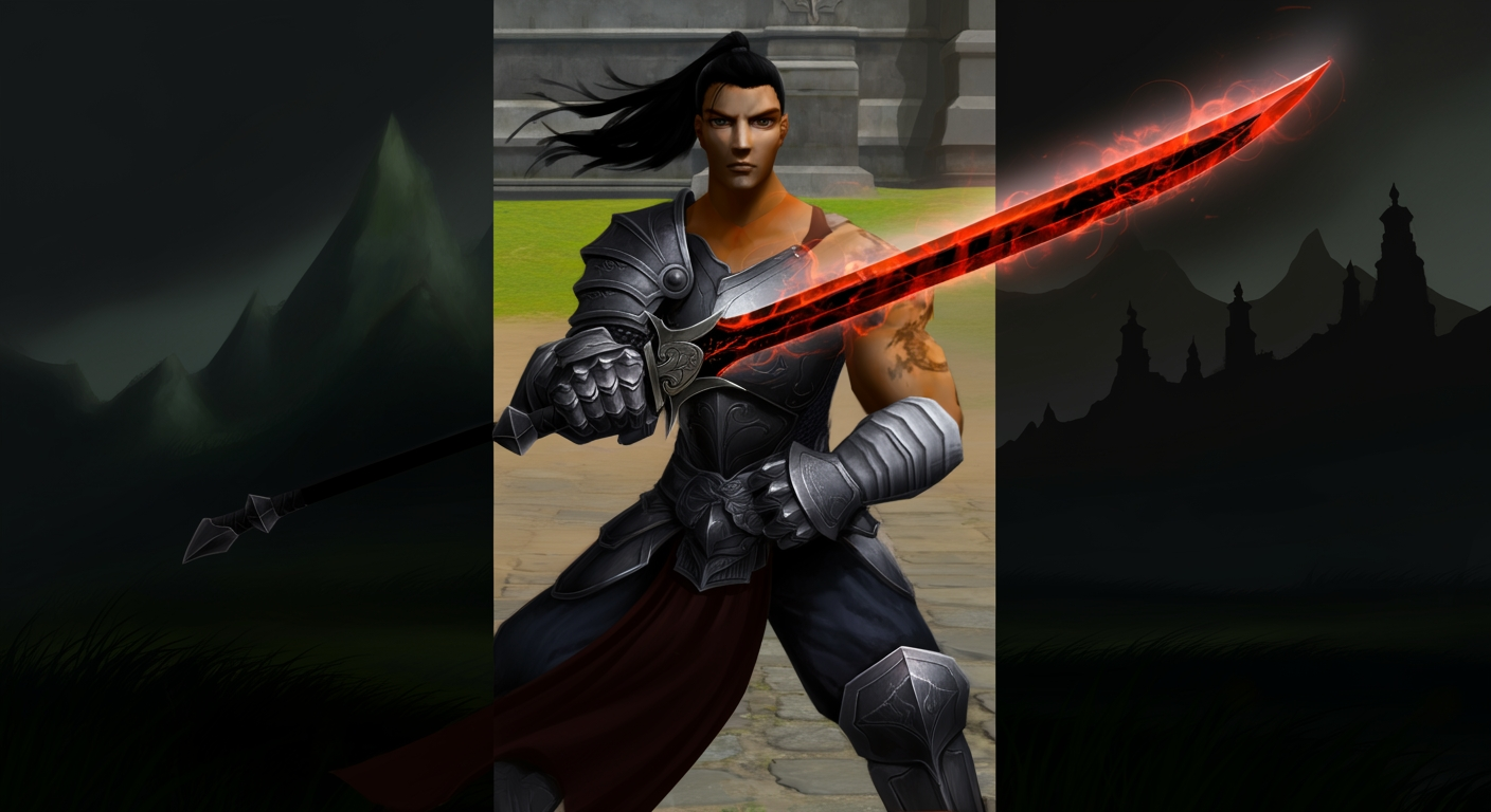 Metin2 Body Sura charging into melee combat with sword and dark energy effects