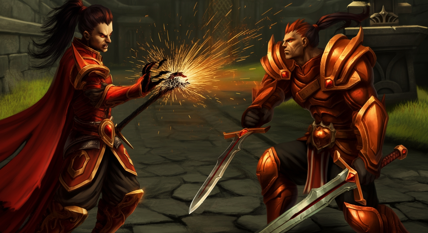 Metin2 Sura versus Warrior PvP duel with dark magic energy and sword strikes clashing